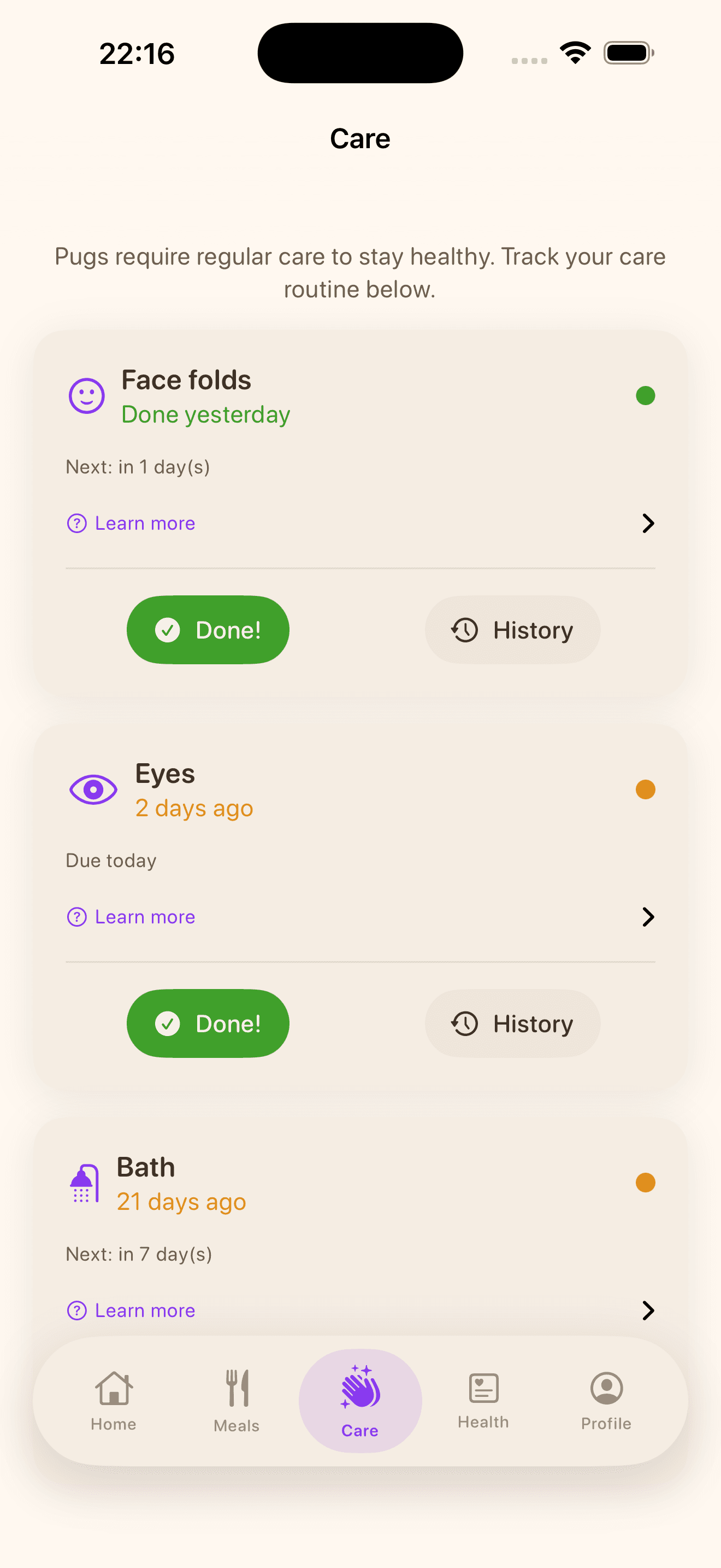 Daily care screen: wrinkle cleaning, eyes, ears
