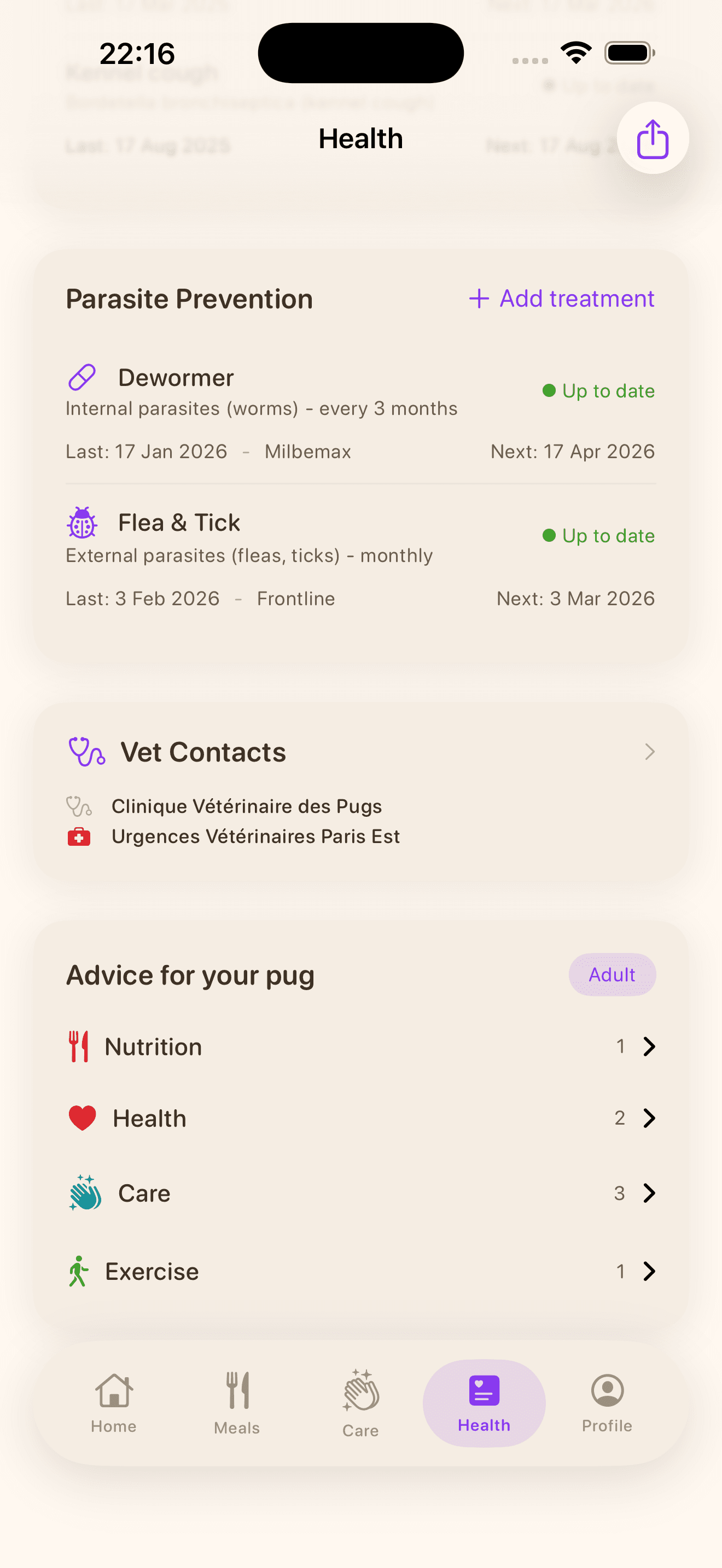 Care tracking: flea treatment, dewormer, vet contact