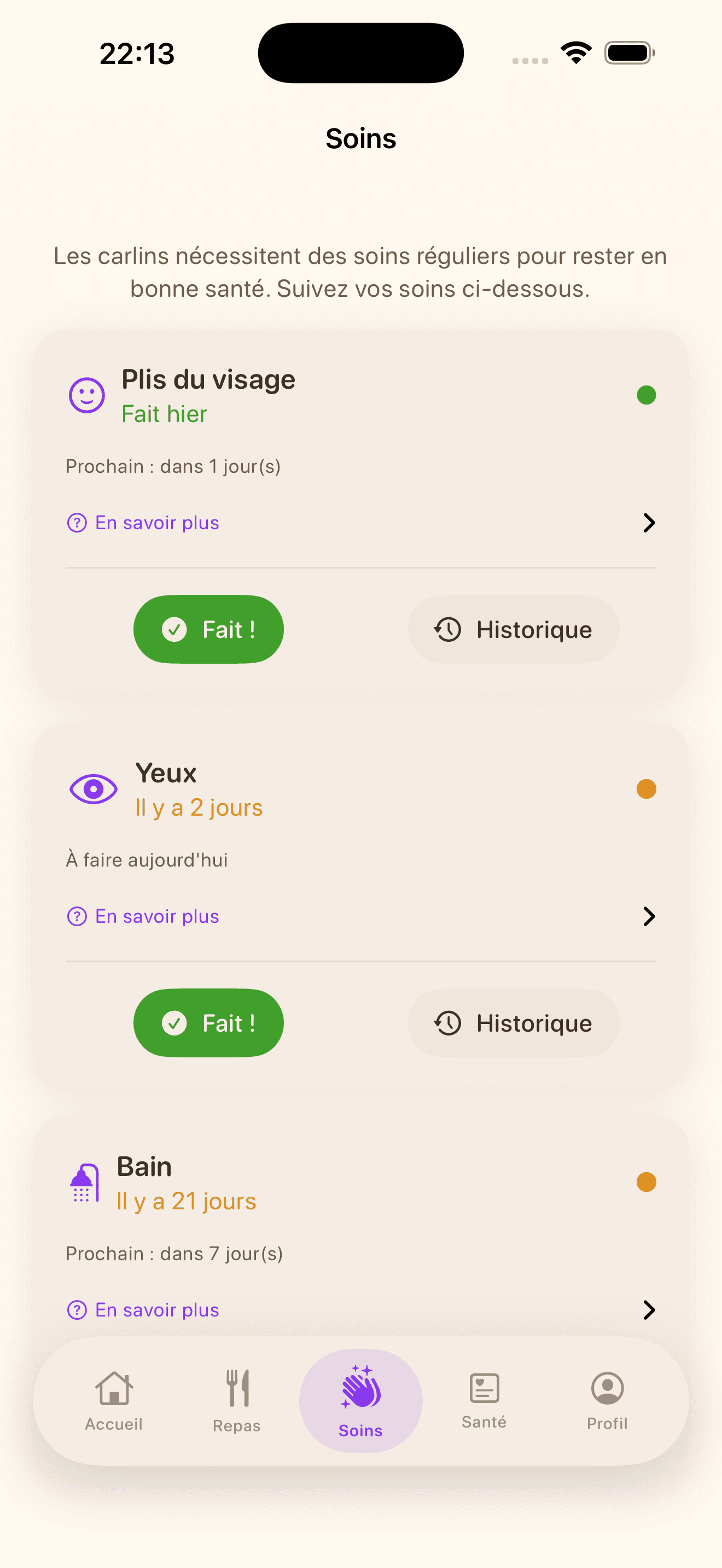 Écran des soins quotidiens : nettoyage des plis, yeux, oreilles