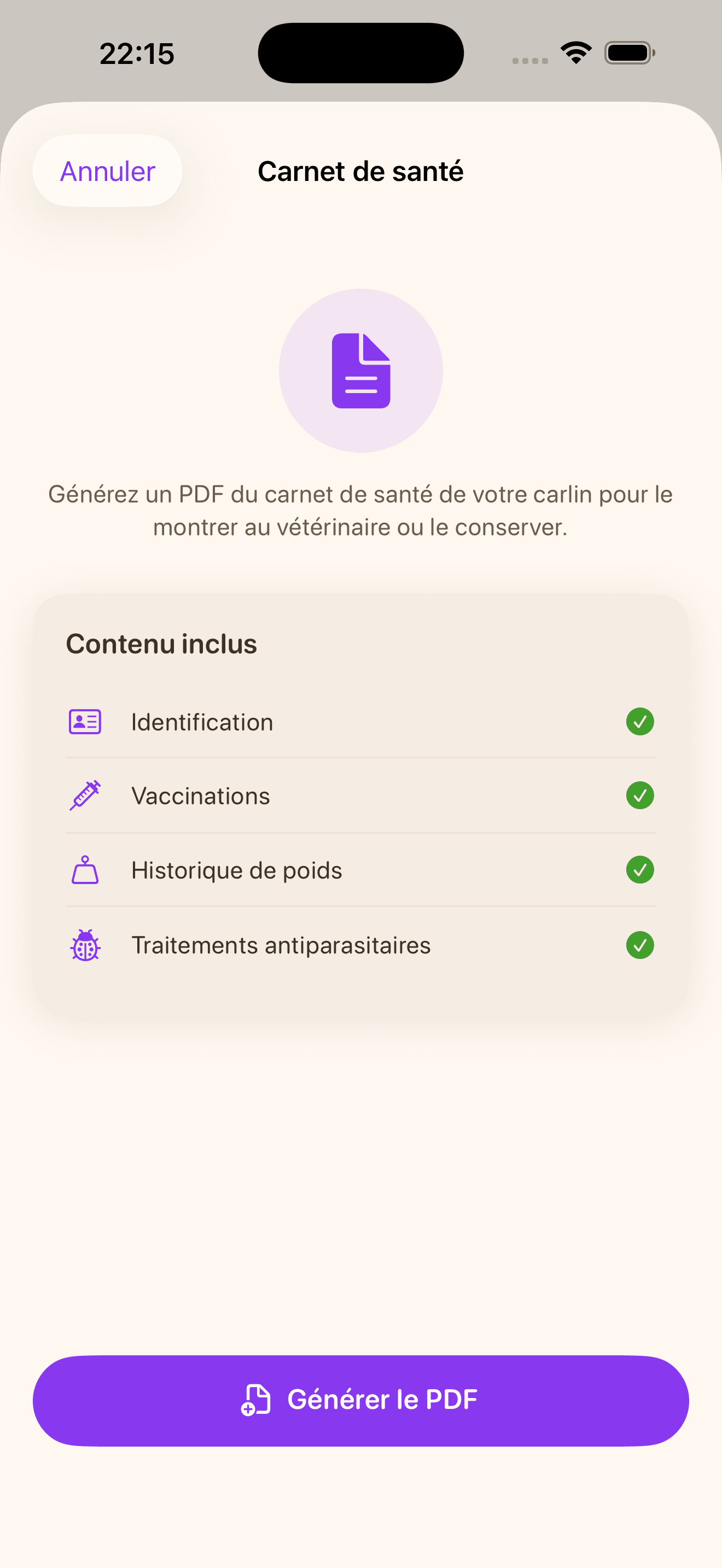 Export PDF du carnet de santé complet pour le vétérinaire
